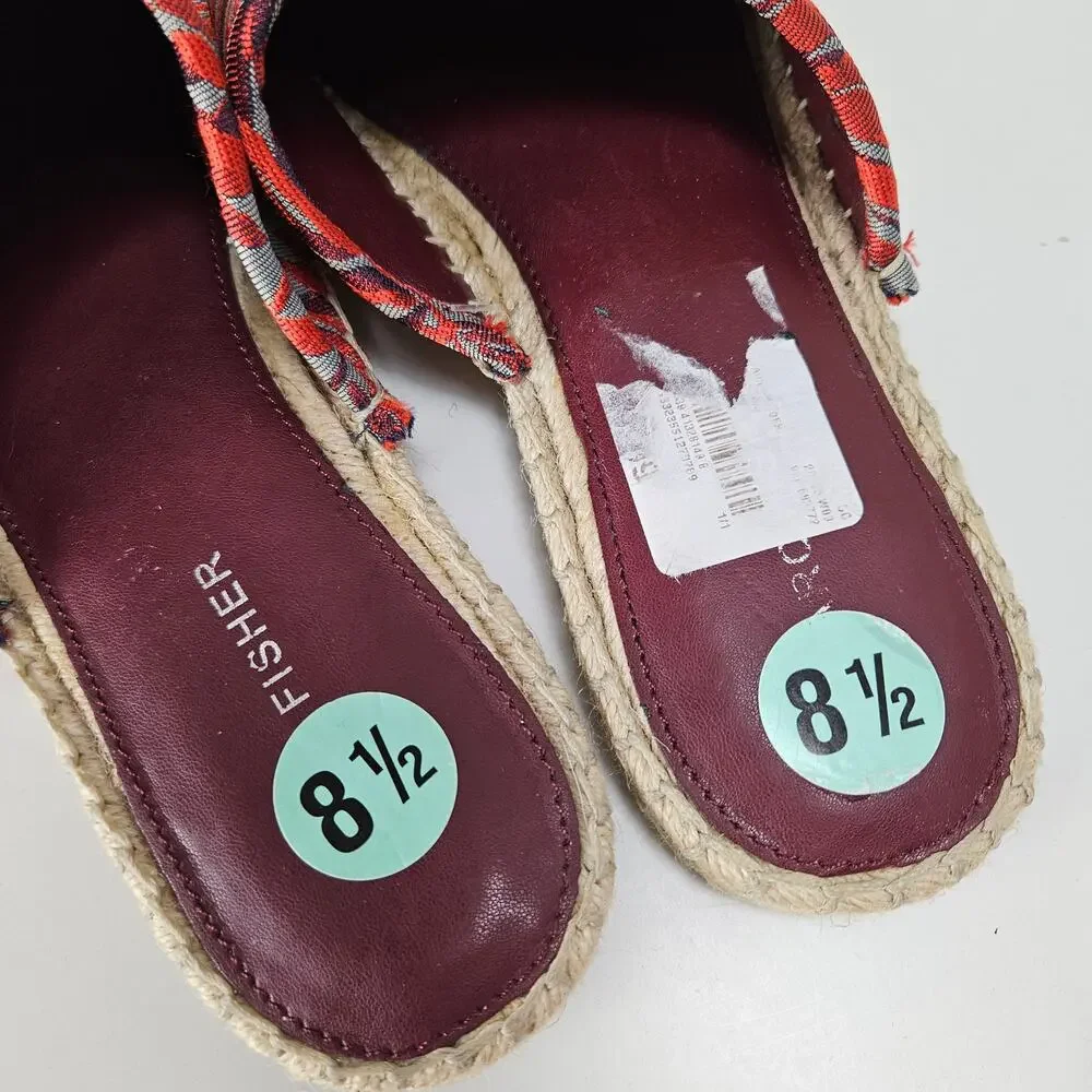 Marc Fisher Gift Espadrille Mules 8.5 Orange Grey Jacquard‎ Palm Leaves Slip On
